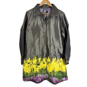 UbU Artsy Spring Jacket Sz M Grey Purple Yellow Floral Sheen Button Up Longline
